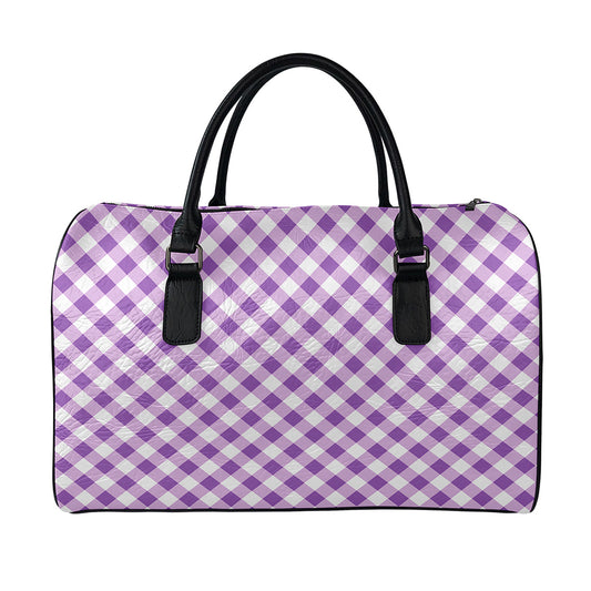 Violet And White Gingham Pattern Print Leather Duffle Bag