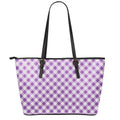 Violet And White Gingham Pattern Print Leather Tote Bag With Zipper