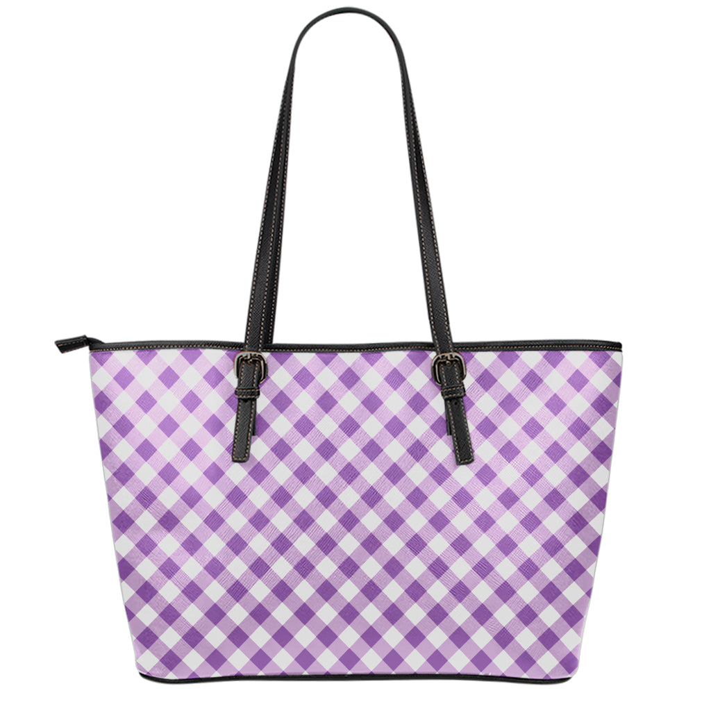 Violet And White Gingham Pattern Print Leather Tote Bag