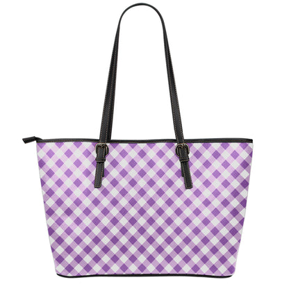 Violet And White Gingham Pattern Print Leather Tote Bag