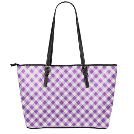 Violet And White Gingham Pattern Print Leather Tote Bag