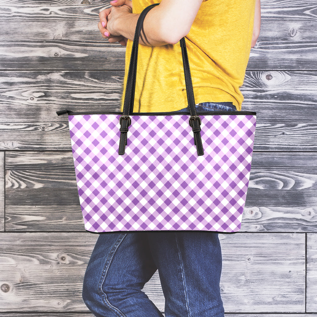 Violet And White Gingham Pattern Print Leather Tote Bag