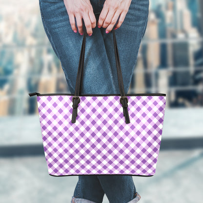 Violet And White Gingham Pattern Print Leather Tote Bag
