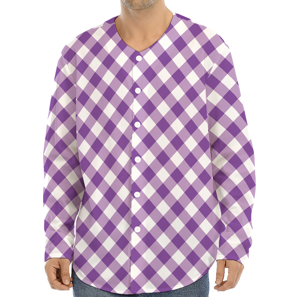 Violet And White Gingham Pattern Print Long Sleeve Baseball Jersey