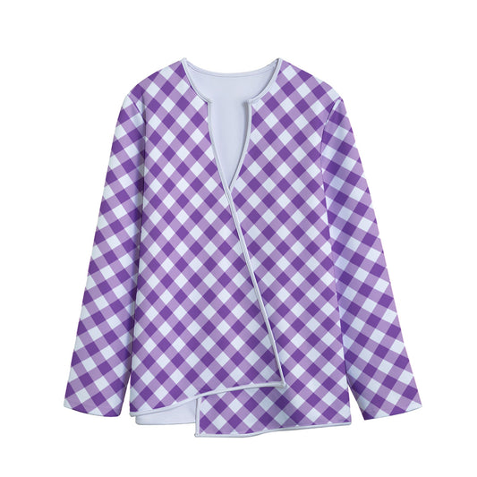 Violet And White Gingham Pattern Print Long Sleeve Short Coat
