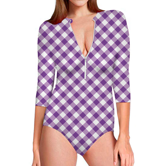 Violet And White Gingham Pattern Print Long Sleeve Swimsuit