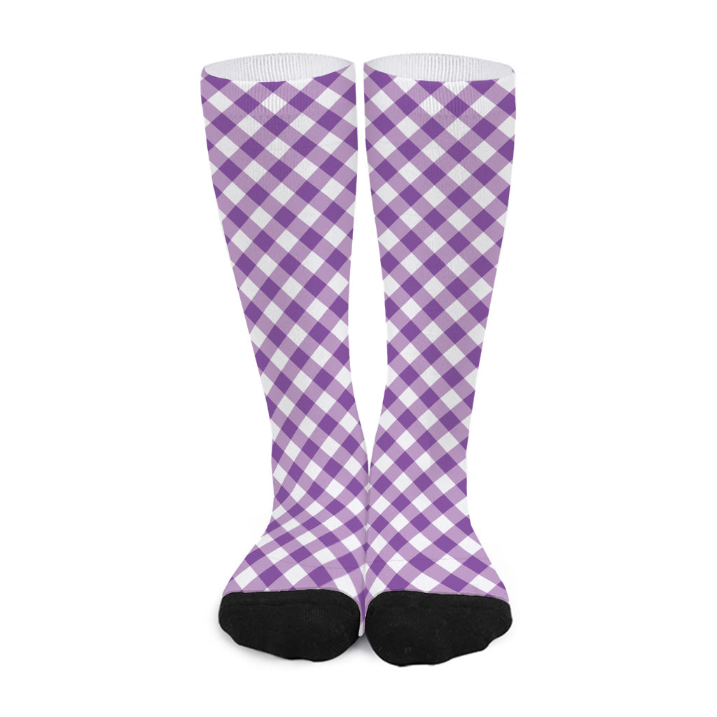 Violet And White Gingham Pattern Print Long Socks