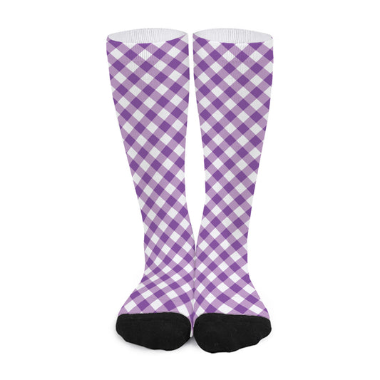 Violet And White Gingham Pattern Print Long Socks