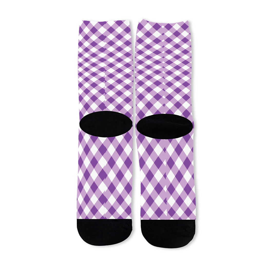 Violet And White Gingham Pattern Print Long Socks