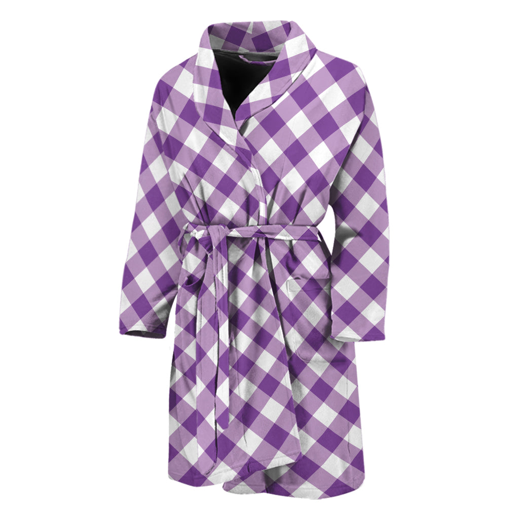 Violet And White Gingham Pattern Print Men's Bathrobe