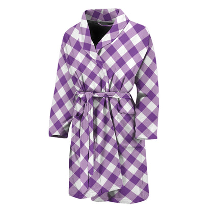 Violet And White Gingham Pattern Print Men's Bathrobe