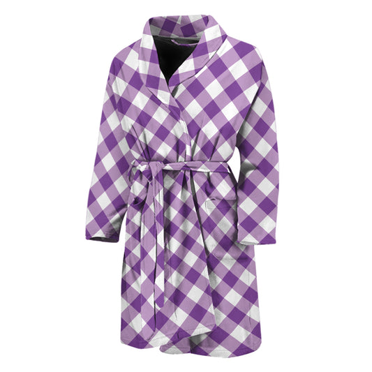 Violet And White Gingham Pattern Print Men's Bathrobe