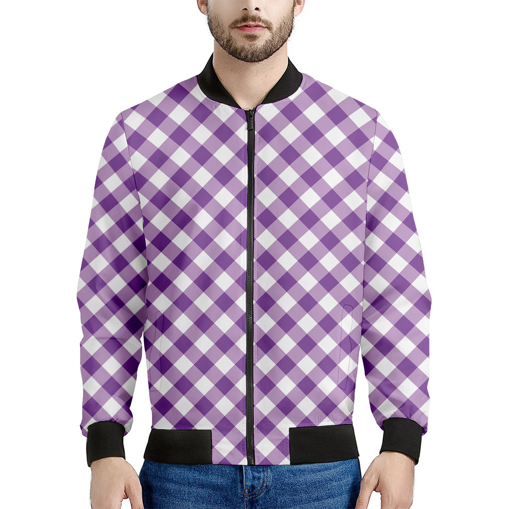 Violet And White Gingham Pattern Print Men's Bomber Jacket