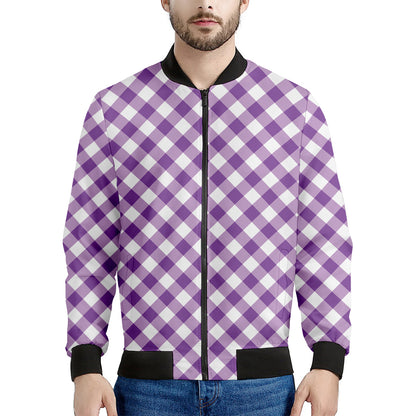 Violet And White Gingham Pattern Print Men's Bomber Jacket