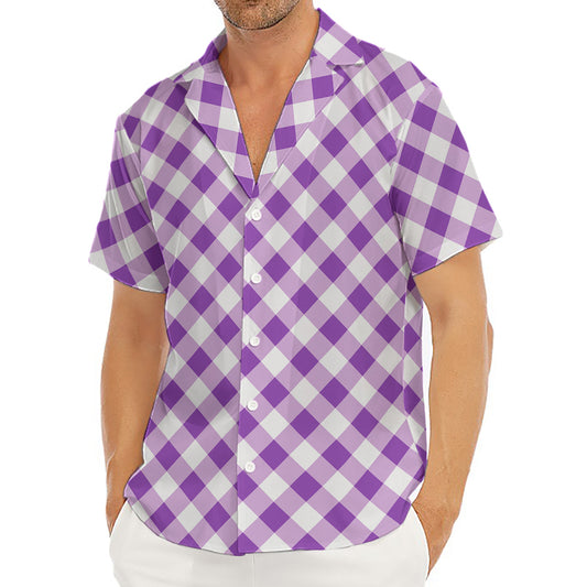 Violet And White Gingham Pattern Print Men's Deep V-Neck Shirt