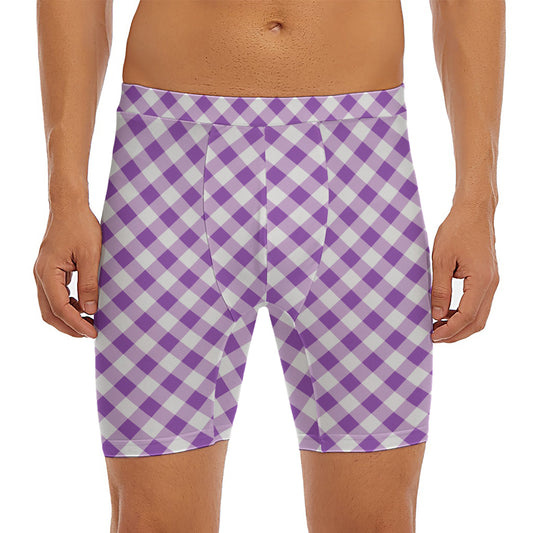 Violet And White Gingham Pattern Print Men's Long Boxer Briefs