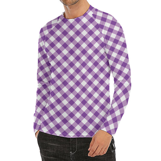 Violet And White Gingham Pattern Print Men's Long Sleeve Rash Guard