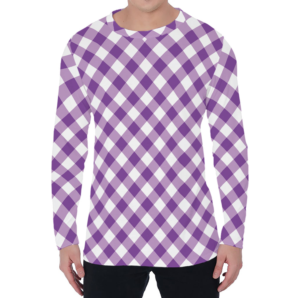 Violet And White Gingham Pattern Print Men's Long Sleeve T-Shirt