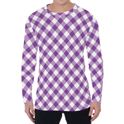 Violet And White Gingham Pattern Print Men's Long Sleeve T-Shirt