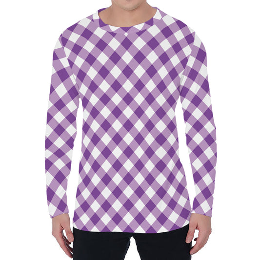 Violet And White Gingham Pattern Print Men's Long Sleeve T-Shirt