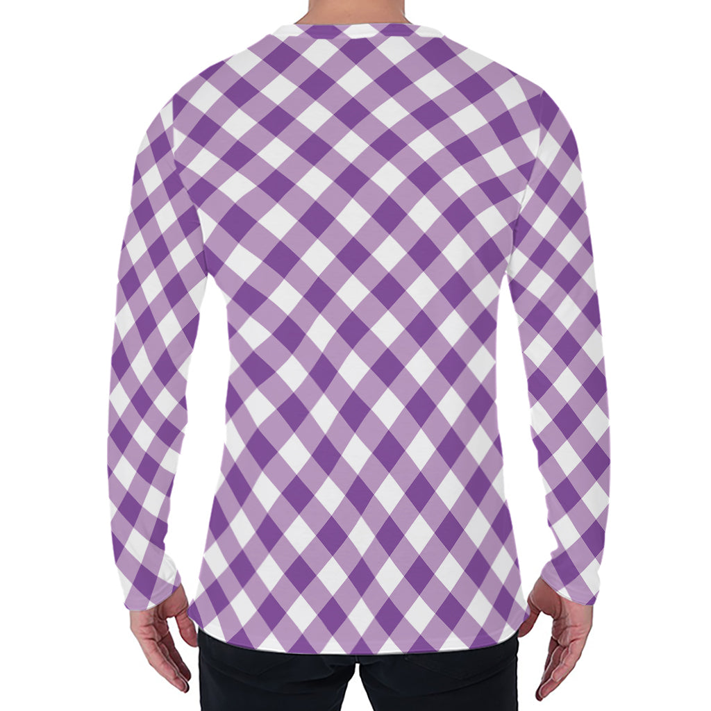 Violet And White Gingham Pattern Print Men's Long Sleeve T-Shirt