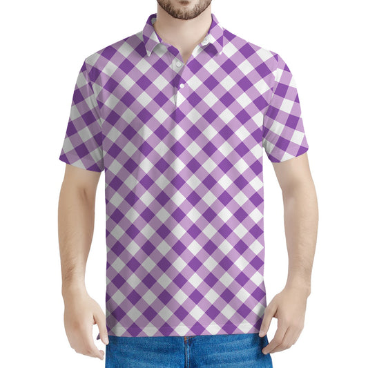 Violet And White Gingham Pattern Print Men's Polo Shirt