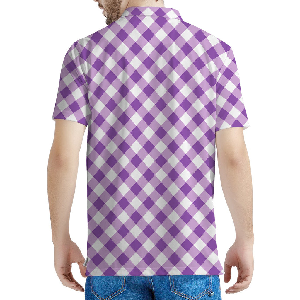 Violet And White Gingham Pattern Print Men's Polo Shirt
