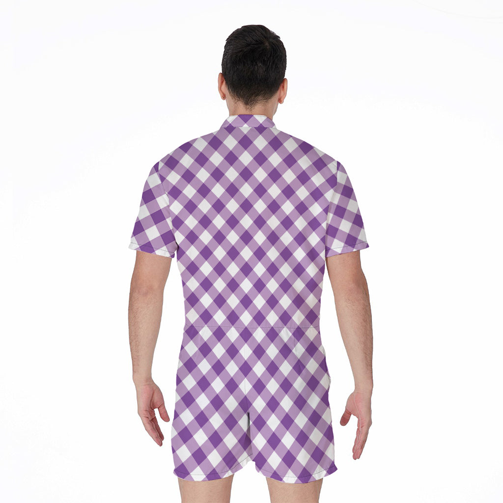 Violet And White Gingham Pattern Print Men's Rompers