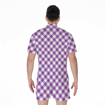 Violet And White Gingham Pattern Print Men's Rompers