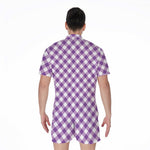 Violet And White Gingham Pattern Print Men's Rompers