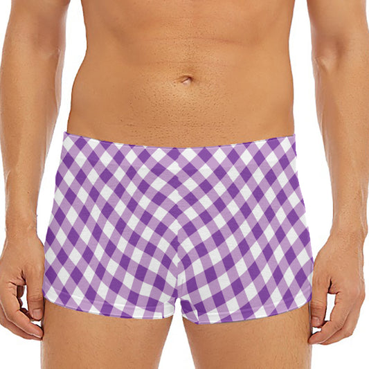 Violet And White Gingham Pattern Print Men's Short Boxer Briefs