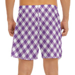 Violet And White Gingham Pattern Print Men's Split Running Shorts