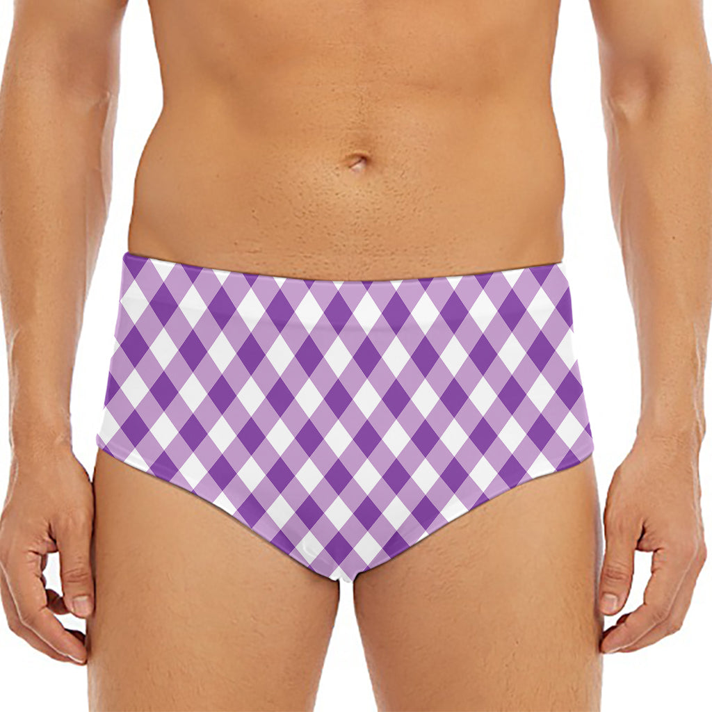 Violet And White Gingham Pattern Print Men's Triangle Swim Briefs