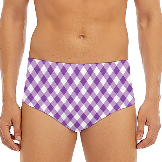 Violet And White Gingham Pattern Print Men's Triangle Swim Briefs