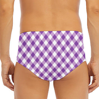 Violet And White Gingham Pattern Print Men's Triangle Swim Briefs