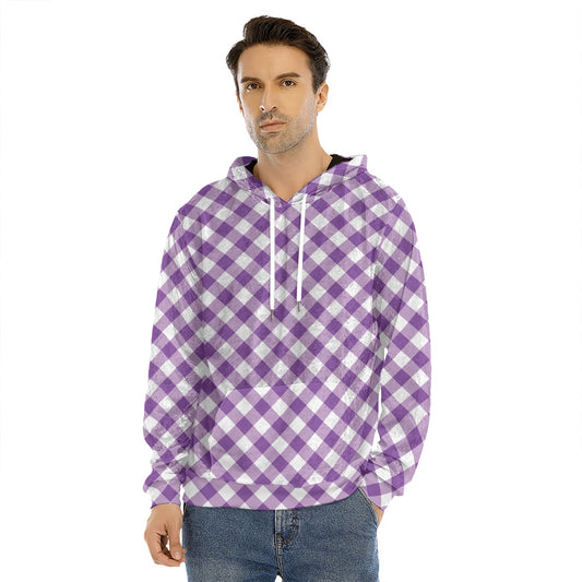 Violet And White Gingham Pattern Print Men's Velvet Pullover Hoodie