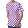 Violet And White Gingham Pattern Print Men's Velvet T-Shirt