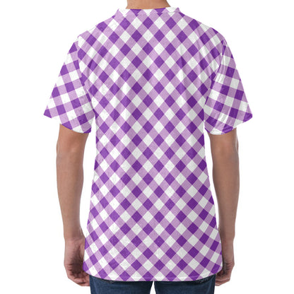 Violet And White Gingham Pattern Print Men's Velvet T-Shirt