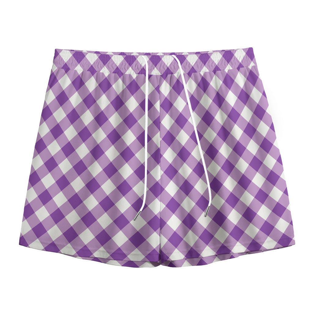 Violet And White Gingham Pattern Print Mesh Shorts