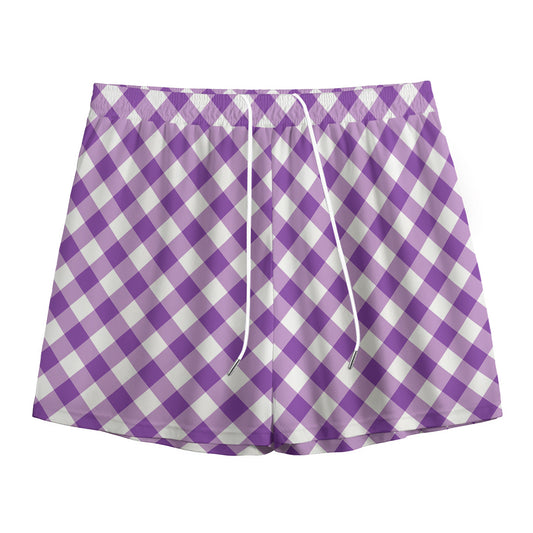 Violet And White Gingham Pattern Print Mesh Shorts