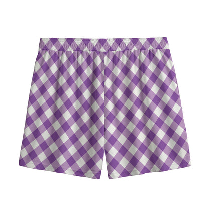 Violet And White Gingham Pattern Print Mesh Shorts
