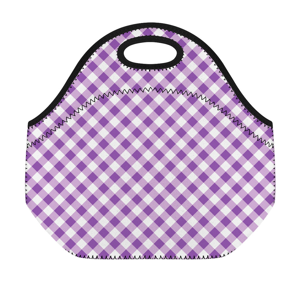 Violet And White Gingham Pattern Print Neoprene Lunch Bag