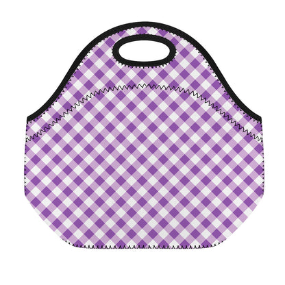 Violet And White Gingham Pattern Print Neoprene Lunch Bag