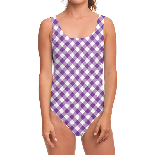 Violet And White Gingham Pattern Print One Piece Swimsuit