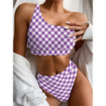 Violet And White Gingham Pattern Print One Shoulder Bikini Top