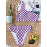 Violet And White Gingham Pattern Print One Shoulder Bikini Top