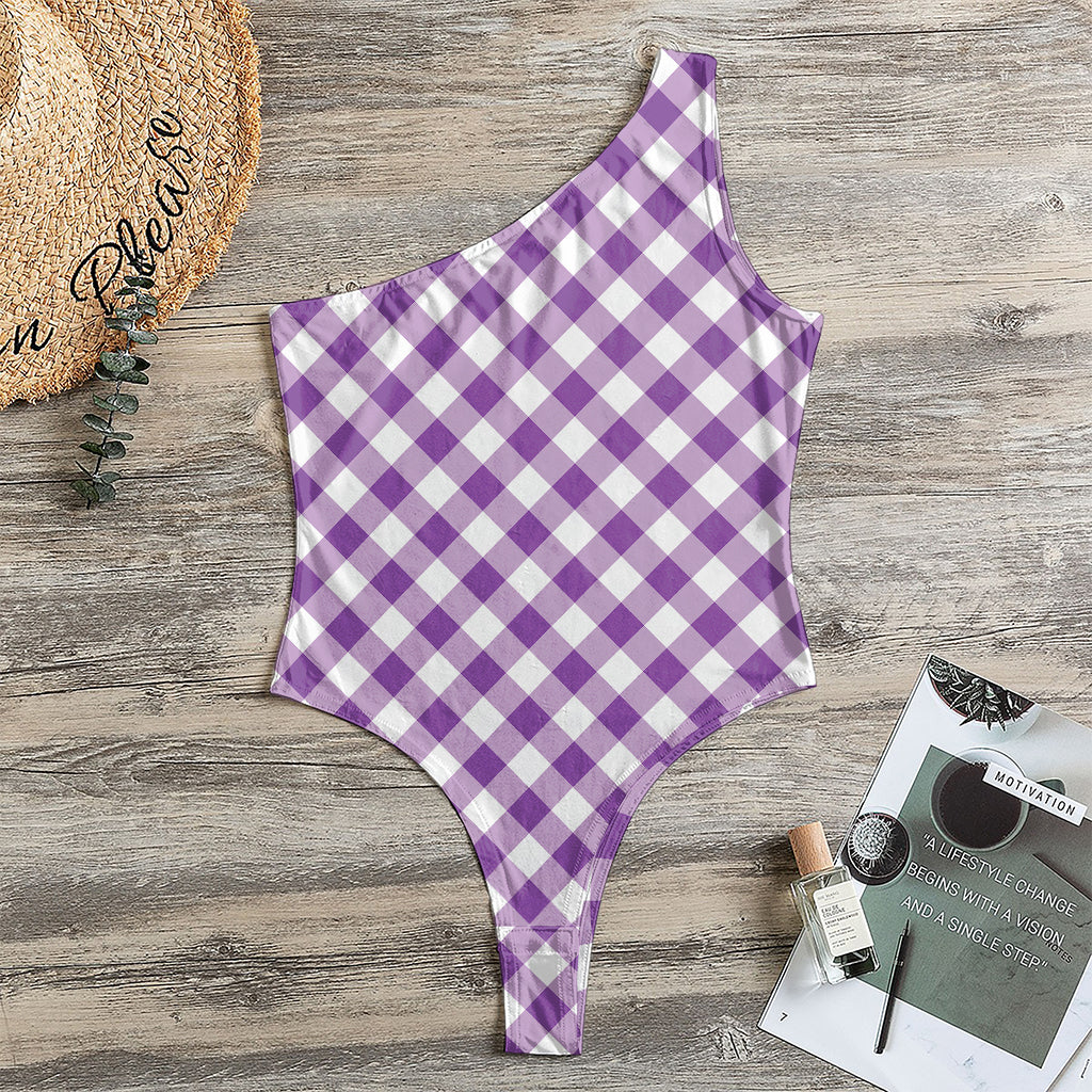 Violet And White Gingham Pattern Print One Shoulder Bodysuit