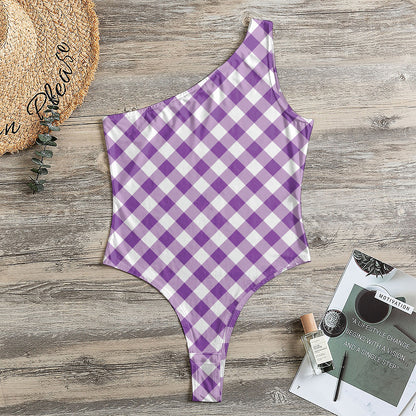 Violet And White Gingham Pattern Print One Shoulder Bodysuit