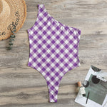 Violet And White Gingham Pattern Print One Shoulder Bodysuit