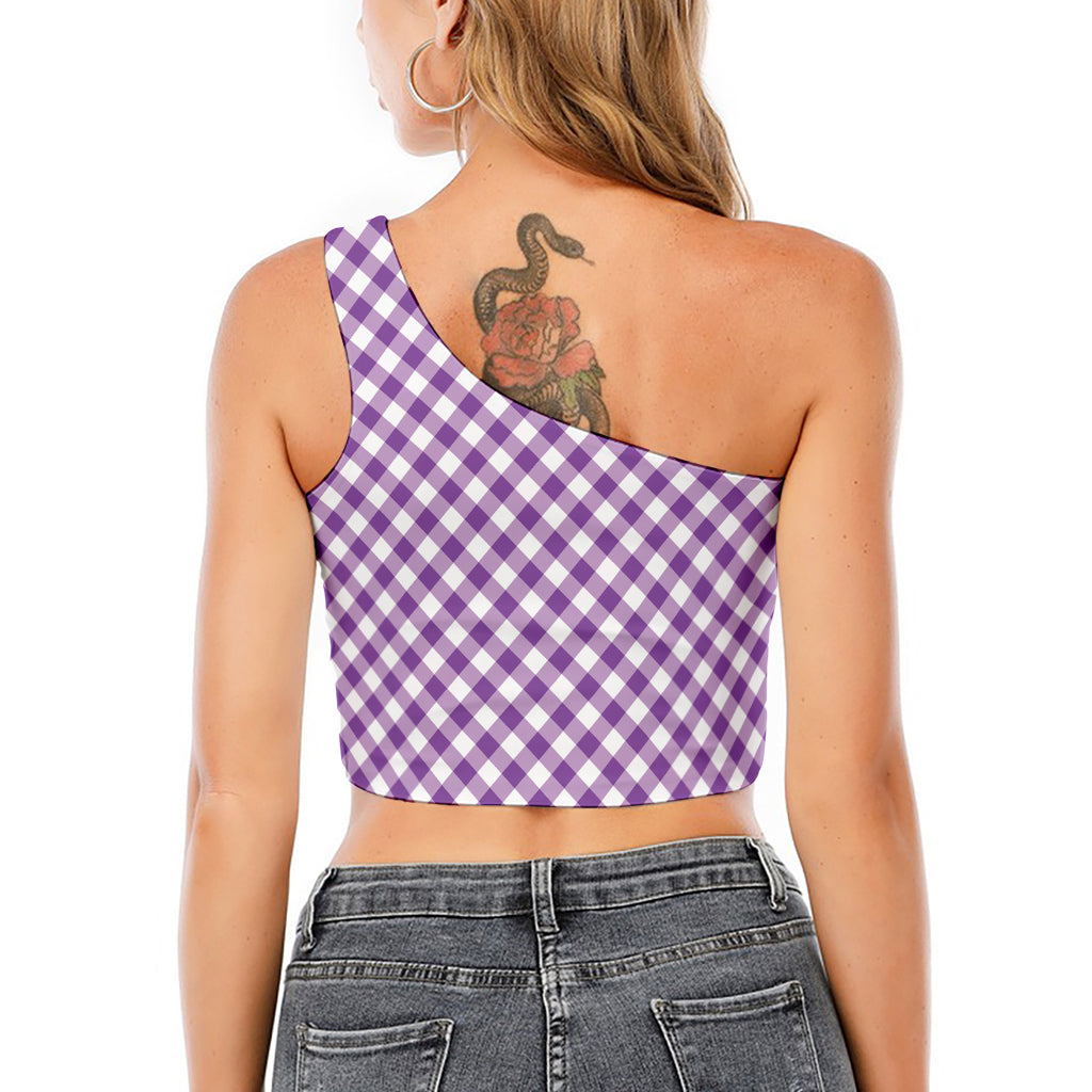 Violet And White Gingham Pattern Print One Shoulder Crop Top